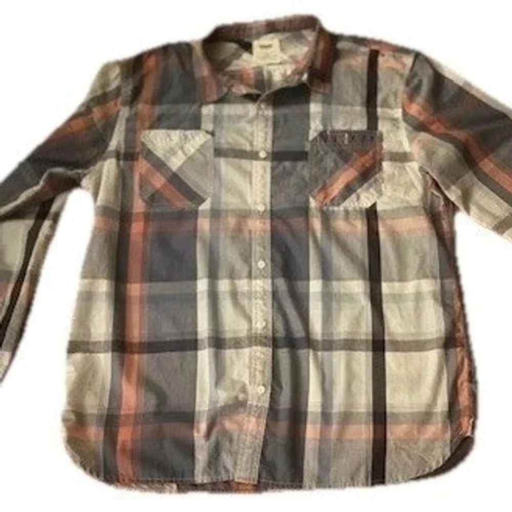 Levi's Button Down Shirt Mens XXL‎  Orange Grey Plaid Long Sleeve Dual Pocket